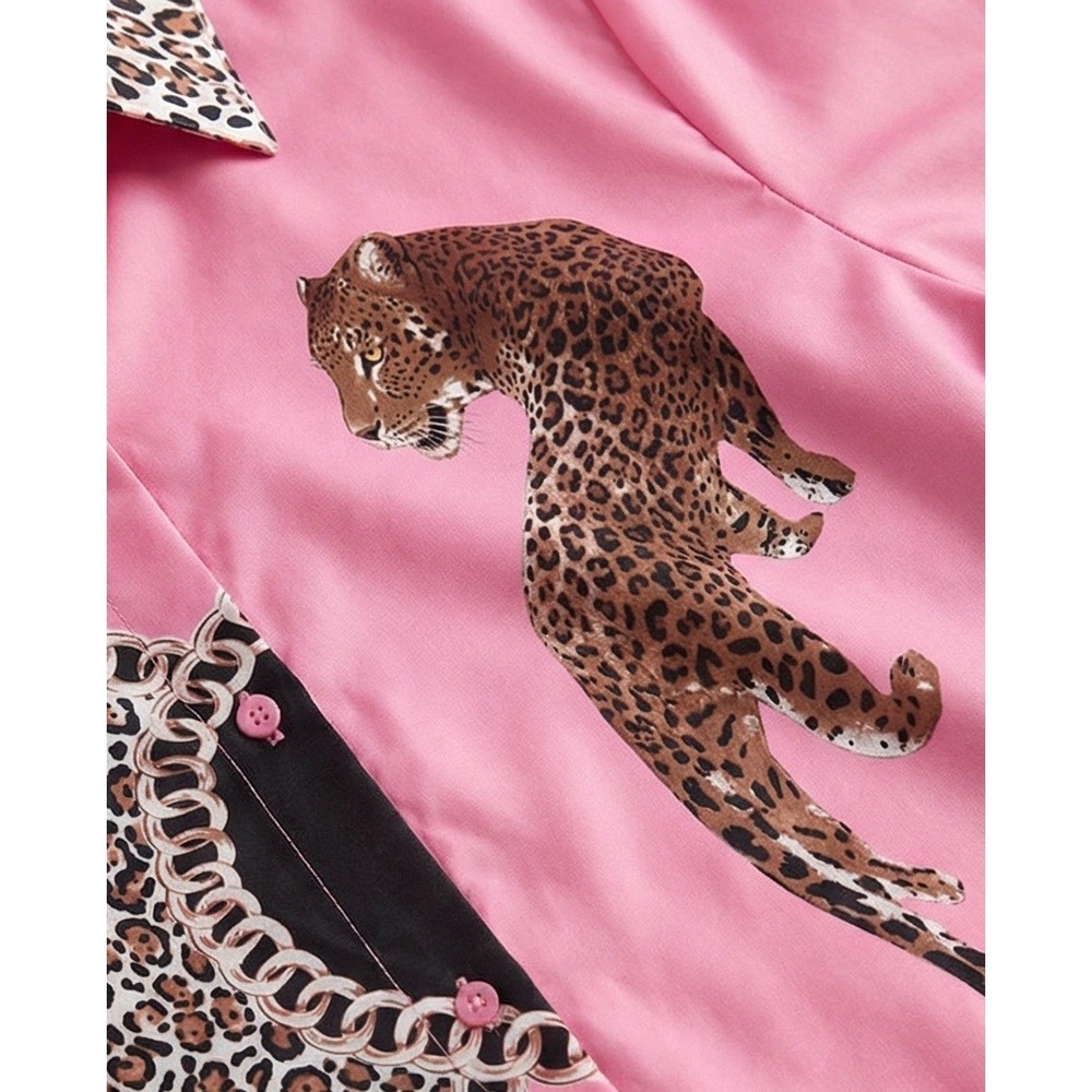 ChicMe L Pink Leopard Chain Print Long Sleeve Button Down Blouse Whimsical Cute - Picture 3 of 13